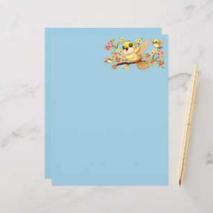 Cute and Happy Birds among Spring Flowers Custom Letterhead