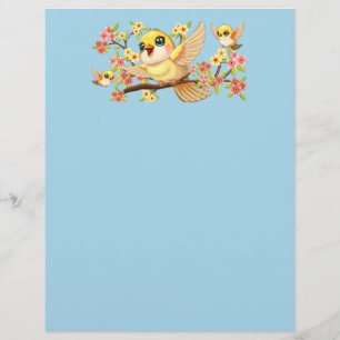 Cute and Happy Birds among Spring Flowers Custom Letterhead