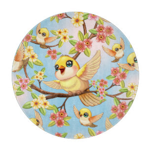 Cute and Happy Birds among Spring Flowers Cutting Board