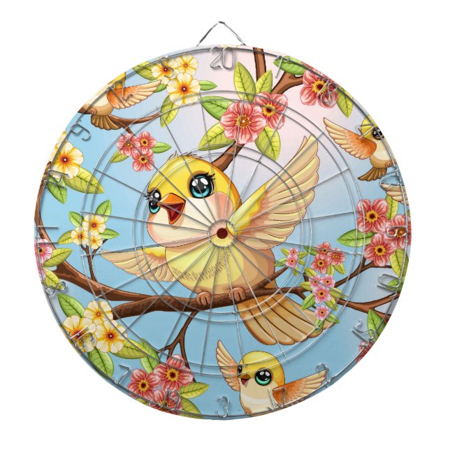 Cute and Happy Birds among Spring Flowers Dartboard (Front)