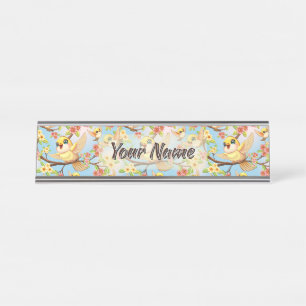Cute and Happy Birds among Spring Flowers Desk Name Plate