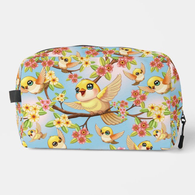 Cute and Happy Birds among Spring Flowers Dopp Kit (Front)