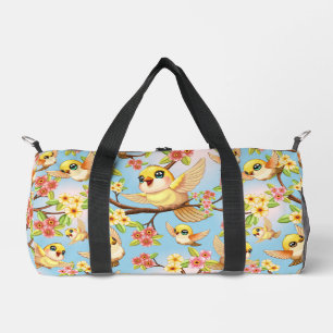 Cute and Happy Birds among Spring Flowers Duffle Bag