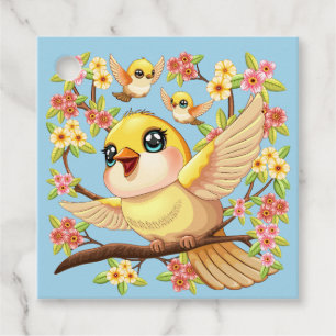 Cute and Happy Birds among Spring Flowers Favour Tags