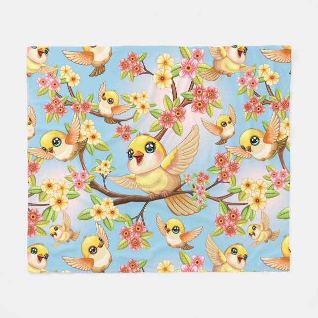 Cute and Happy Birds among Spring Flowers Fleece Blanket (Front (Horizontal))