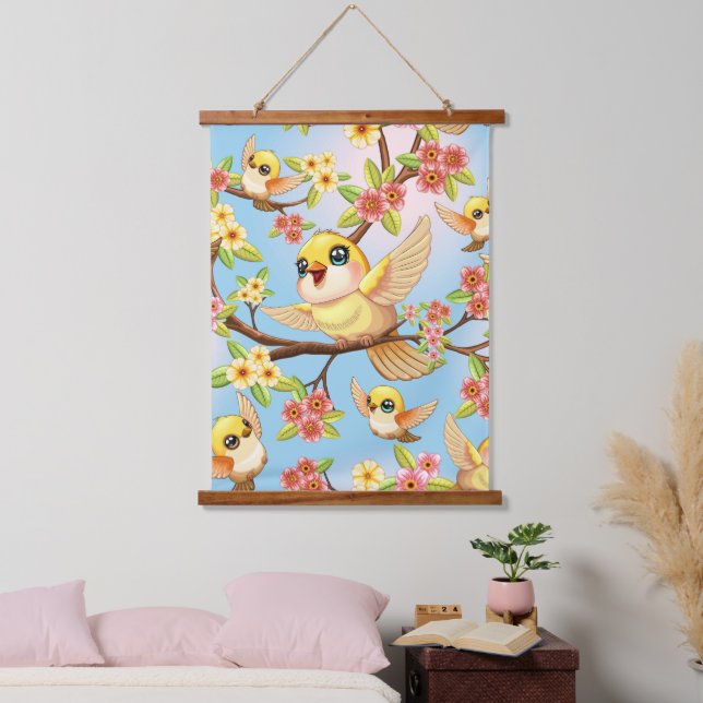 Cute and Happy Birds among Spring Flowers Hanging Tapestry (Bedroom)