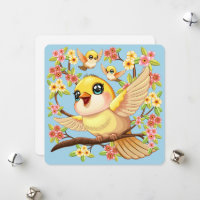 Cute and Happy Birds among Spring Flowers
