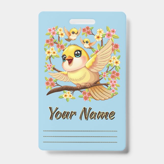 Cute and Happy Birds among Spring Flowers ID Badge (Front)