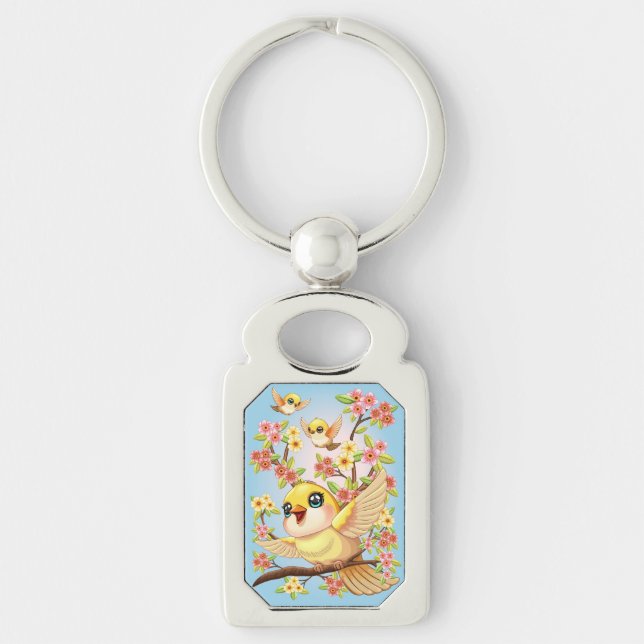 Cute and Happy Birds among Spring Flowers Key Ring (Front)