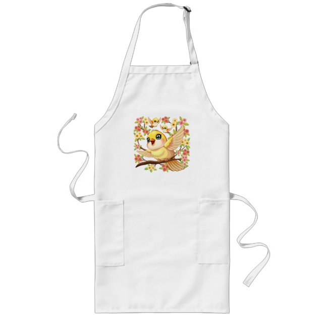 Cute and Happy Birds among Spring Flowers Long Apron (Front)