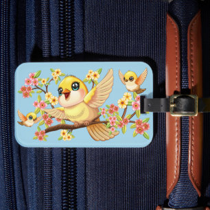 Cute and Happy Birds among Spring Flowers Luggage Tag