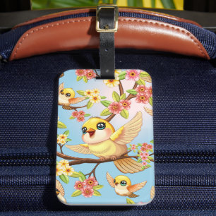 Cute and Happy Birds among Spring Flowers Luggage Tag