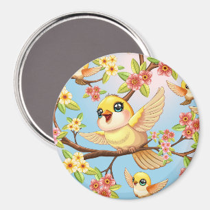 Cute and Happy Birds among Spring Flowers Magnet