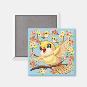 Cute and Happy Birds among Spring Flowers Magnet