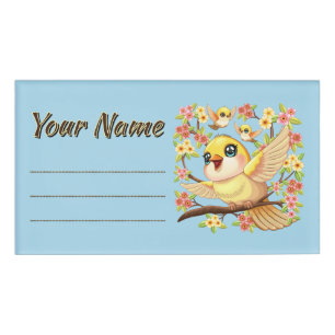 Cute and Happy Birds among Spring Flowers Name Tag