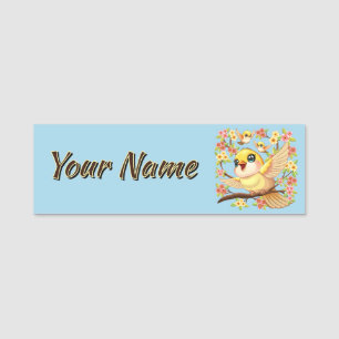 Cute and Happy Birds among Spring Flowers Name Tag