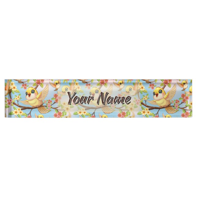 Cute and Happy Birds among Spring Flowers Nameplate (Front)