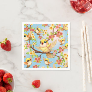 Cute and Happy Birds among Spring Flowers Napkin