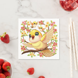 Cute and Happy Birds among Spring Flowers Napkin