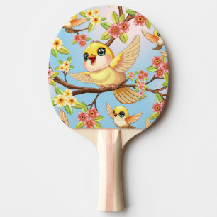 Cute and Happy Birds among Spring Flowers Ping Pong Paddle