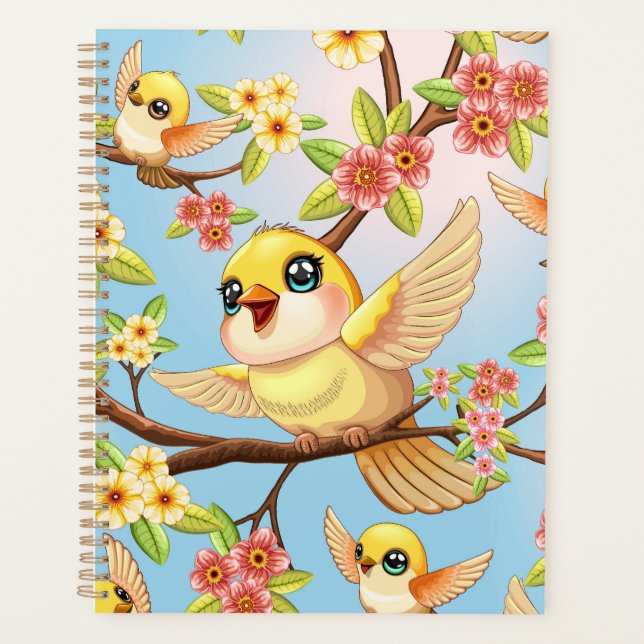 Cute and Happy Birds among Spring Flowers Planner (Front)