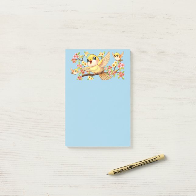 Cute and Happy Birds among Spring Flowers Post-it Notes (On Desk)