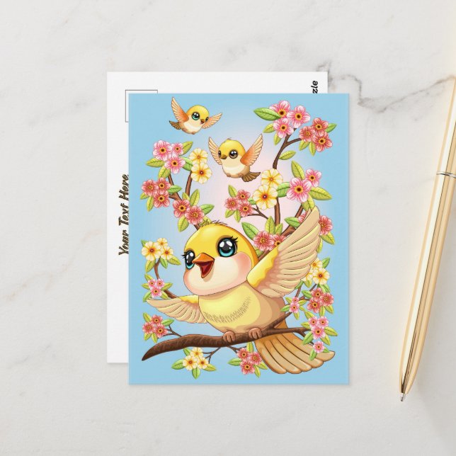 Cute and Happy Birds among Spring Flowers Postcard (Front/Back In Situ)
