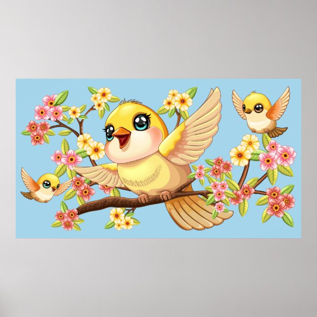 Cute and Happy Birds among Spring Flowers Poster (Front)