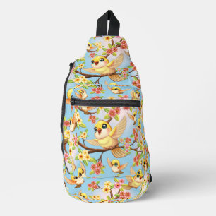 Cute and Happy Birds among Spring Flowers Sling Bag