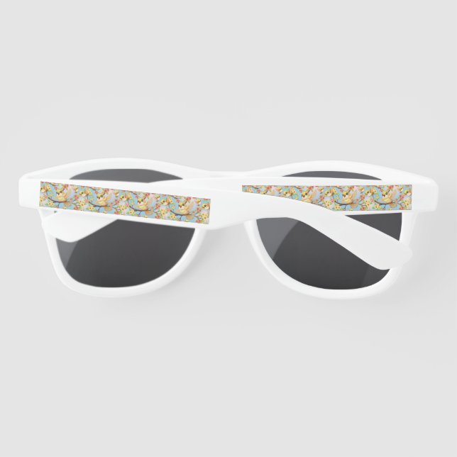 Cute and Happy Birds among Spring Flowers Sunglasses (Back)