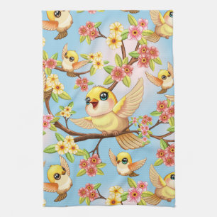 Cute and Happy Birds among Spring Flowers Tea Towel