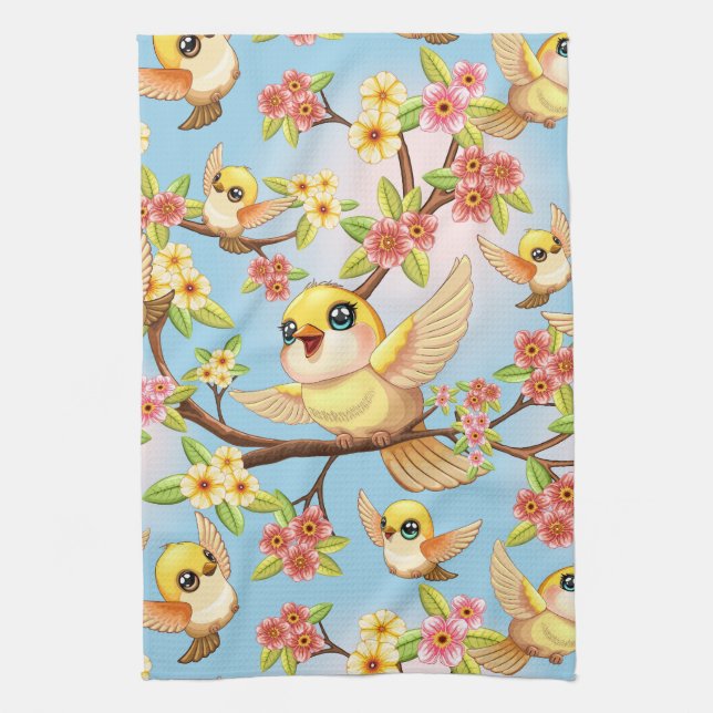 Cute and Happy Birds among Spring Flowers Tea Towel (Vertical)