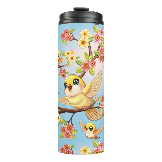 Cute and Happy Birds among Spring Flowers Thermal Tumbler (Front)