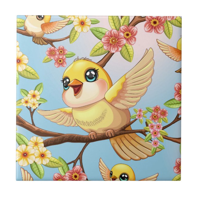 Cute and Happy Birds among Spring Flowers Tile (Front)