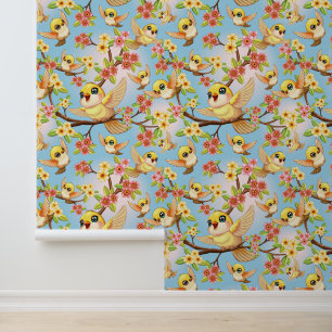 Cute and Happy Birds among Spring Flowers Wallpaper