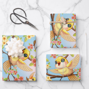 Cute and Happy Birds among Spring Flowers Wrapping Paper Sheet