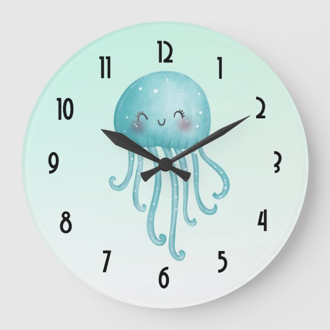 Cute and Happy Blue-Green Jellyfish Large Clock (Front)
