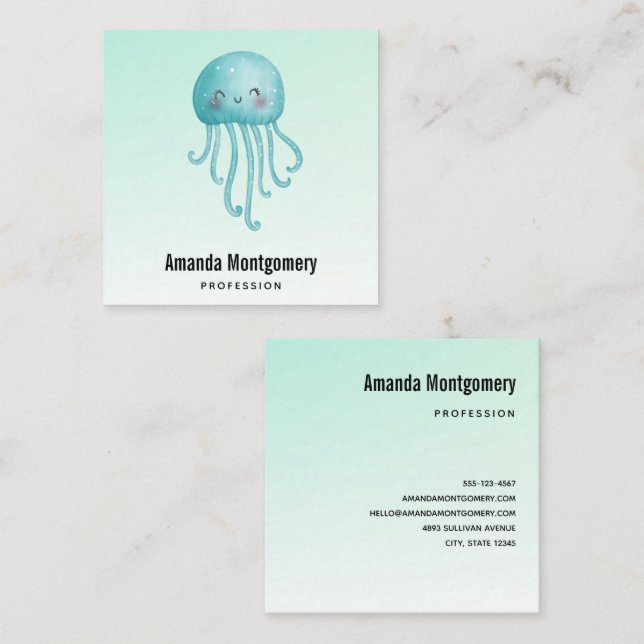 Cute and Happy Blue-Green Jellyfish Square Business Card (Front/Back)