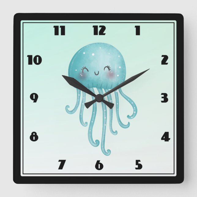 Cute and Happy Blue-Green Jellyfish Square Wall Clock (Front)