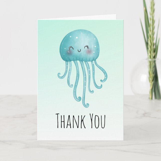 Cute and Happy Blue-Green Jellyfish Thank You Card (Front)