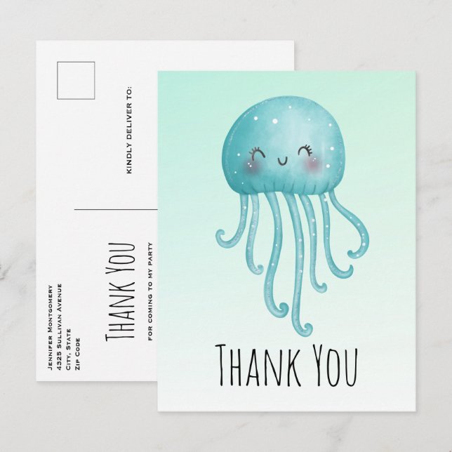 Cute and Happy Blue-Green Jellyfish Thank You Postcard (Front/Back)