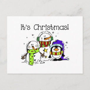 Cute and Jolly Snowmen and Penguins It's Christmas Holiday Postcard