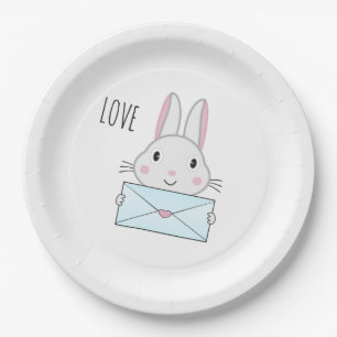 Cute and lovely Bunny holding Love Letter Paper Plate