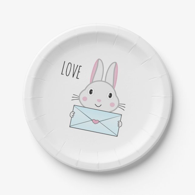 Cute and lovely Bunny holding Love Letter Paper Plate (Front)