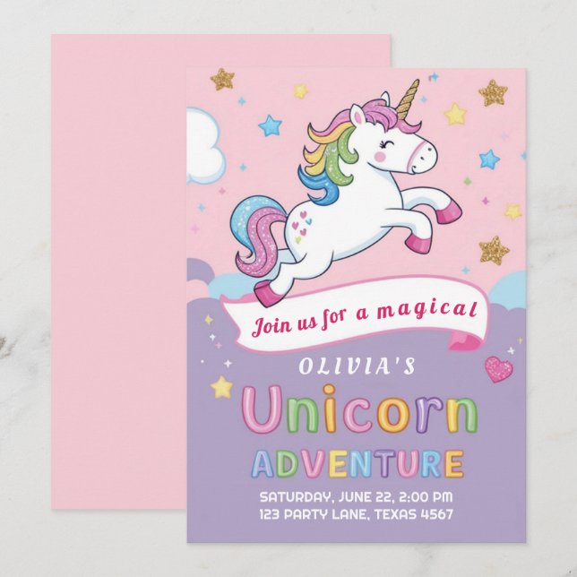 Cute and Magical Unicorn Rainbow Girl Birthday Invitation (Front/Back)