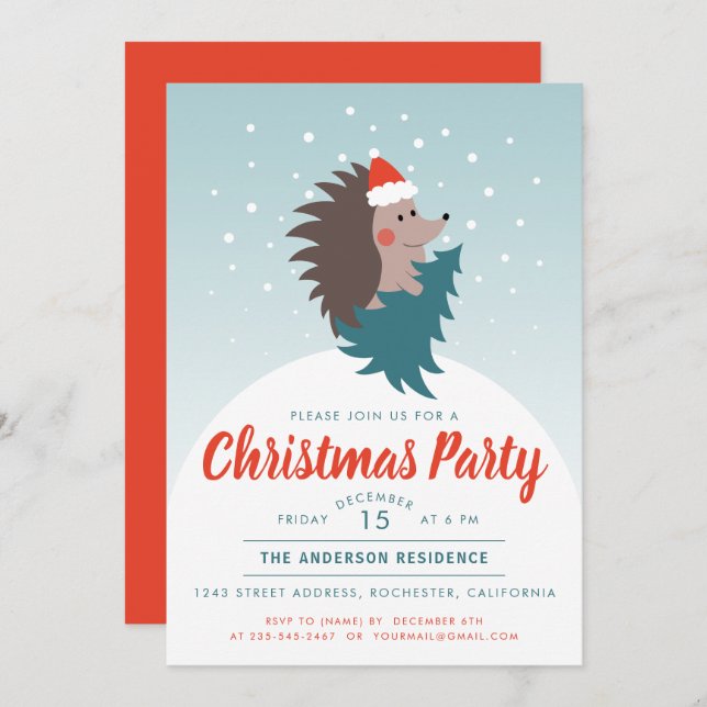 Cute and Modern Hedgehog Christmas Party Invitation (Front/Back)