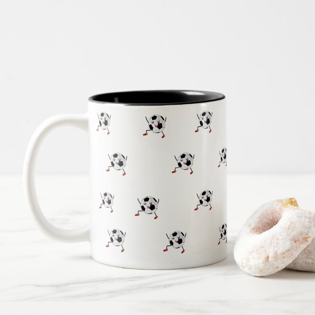 Cute and original soccer ball design Two-Tone coffee mug (With Donut)
