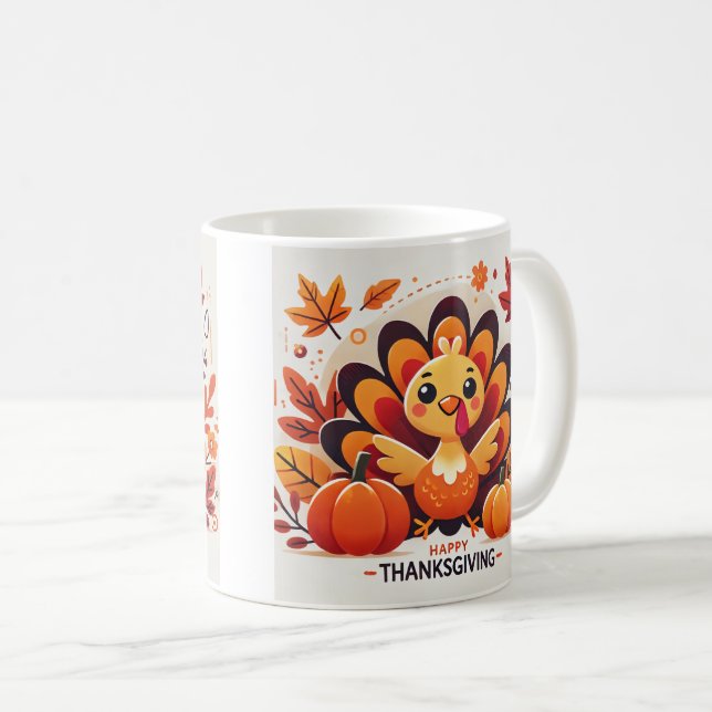 Cute and playful Thanksgiving turkey design mug (Front Right)