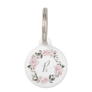 Cute and Pretty Pink Floral Watercolor Monogram Pet Tag