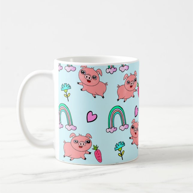 Cute and Quirky Pigs and Rainbows Pattern Coffee Mug (Left)